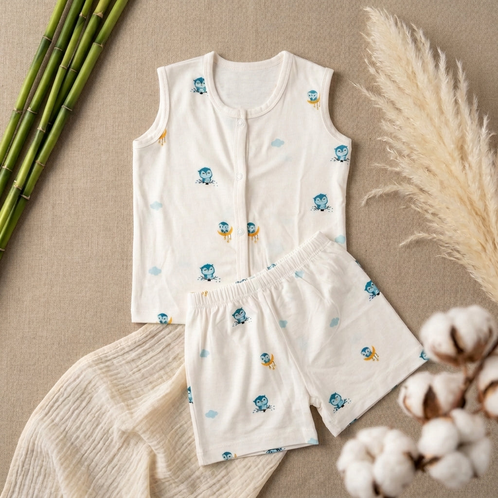 A baby bamboo jabla and shorts set consisting of a sleeveless top and matching shorts, laid flat on a beige fabric background with decorative bamboo, pampas grass, and cotton bolls. The pajamas are off-white with a small blue cartoon owl and light blue cloud pattern.