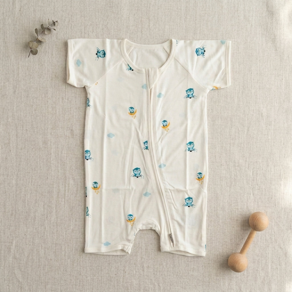 A baby short-sleeve bamboo romper in off-white, decorated with a pattern of blue owls and small yellow suns, laid flat on a textured beige linen background with decorative eucalyptus and a wooden rattle.