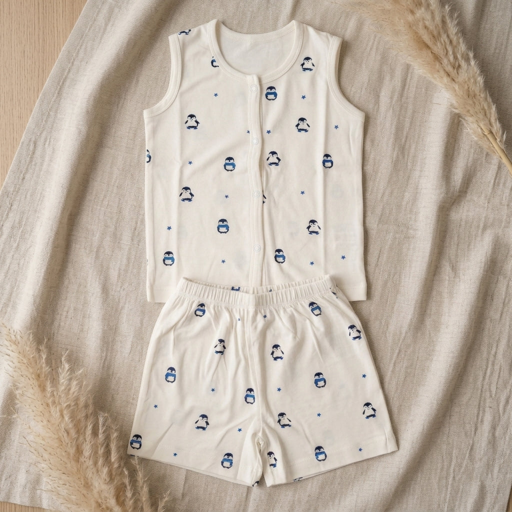 A two-piece baby bamboo jabla and shorts set featuring a sleeveless vest and matching shorts in off-white, decorated with a small blue penguin and star pattern, laid flat on a beige linen fabric with dried pampas grass accents.