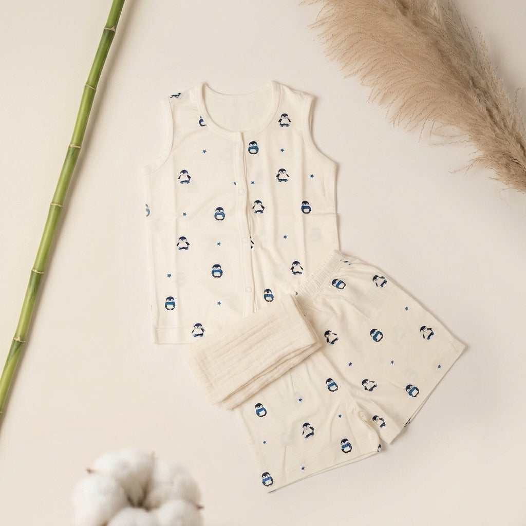A baby bamboo jabla and shorts set laid flat on a light cream background, featuring a sleeveless vest and matching shorts in warm off-white with a small blue penguin print. Styled flat-lay props include a green bamboo stalk, dried pampas grass, and a cotton boll.