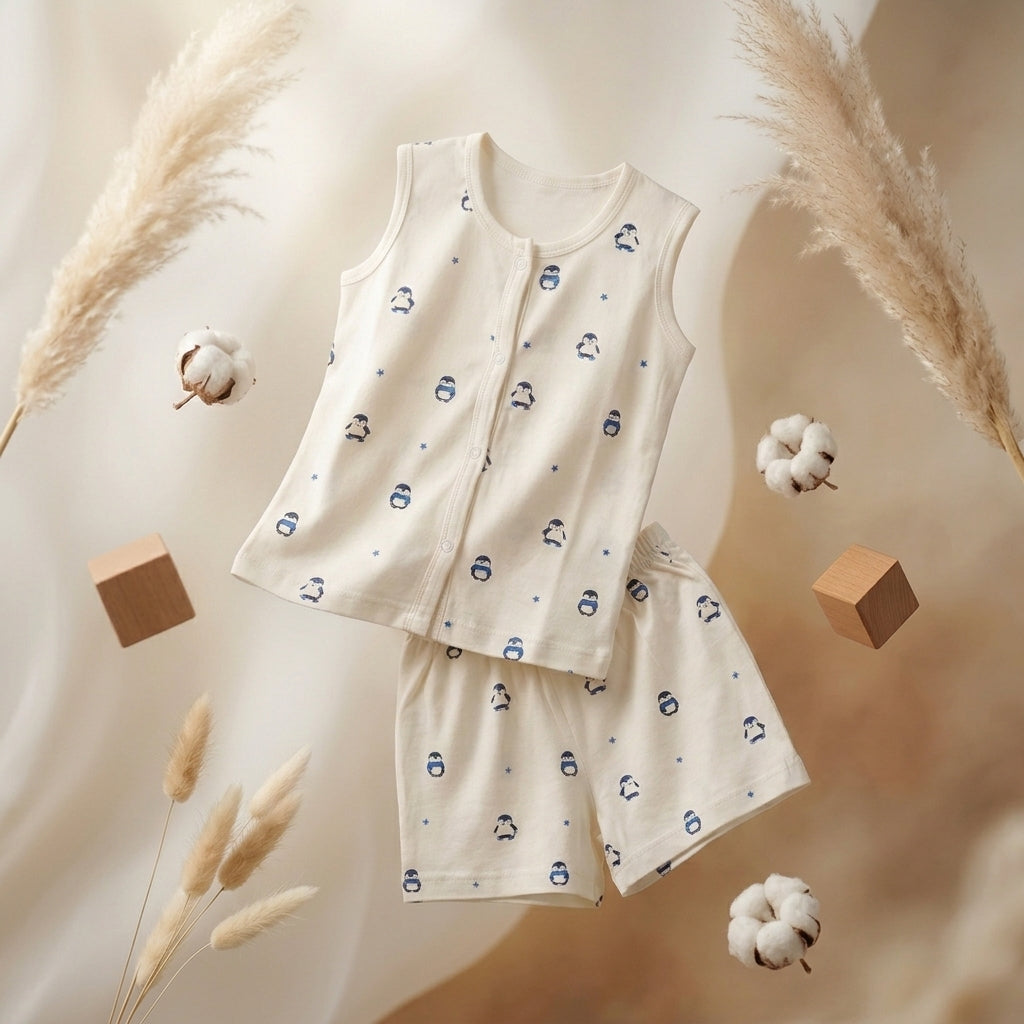 A baby two-piece bamboo jabla and shorts set consisting of a sleeveless top and matching shorts in cream with a small blue penguin pattern, styled with dried pampas grass, cotton bolls, and floating wooden blocks.