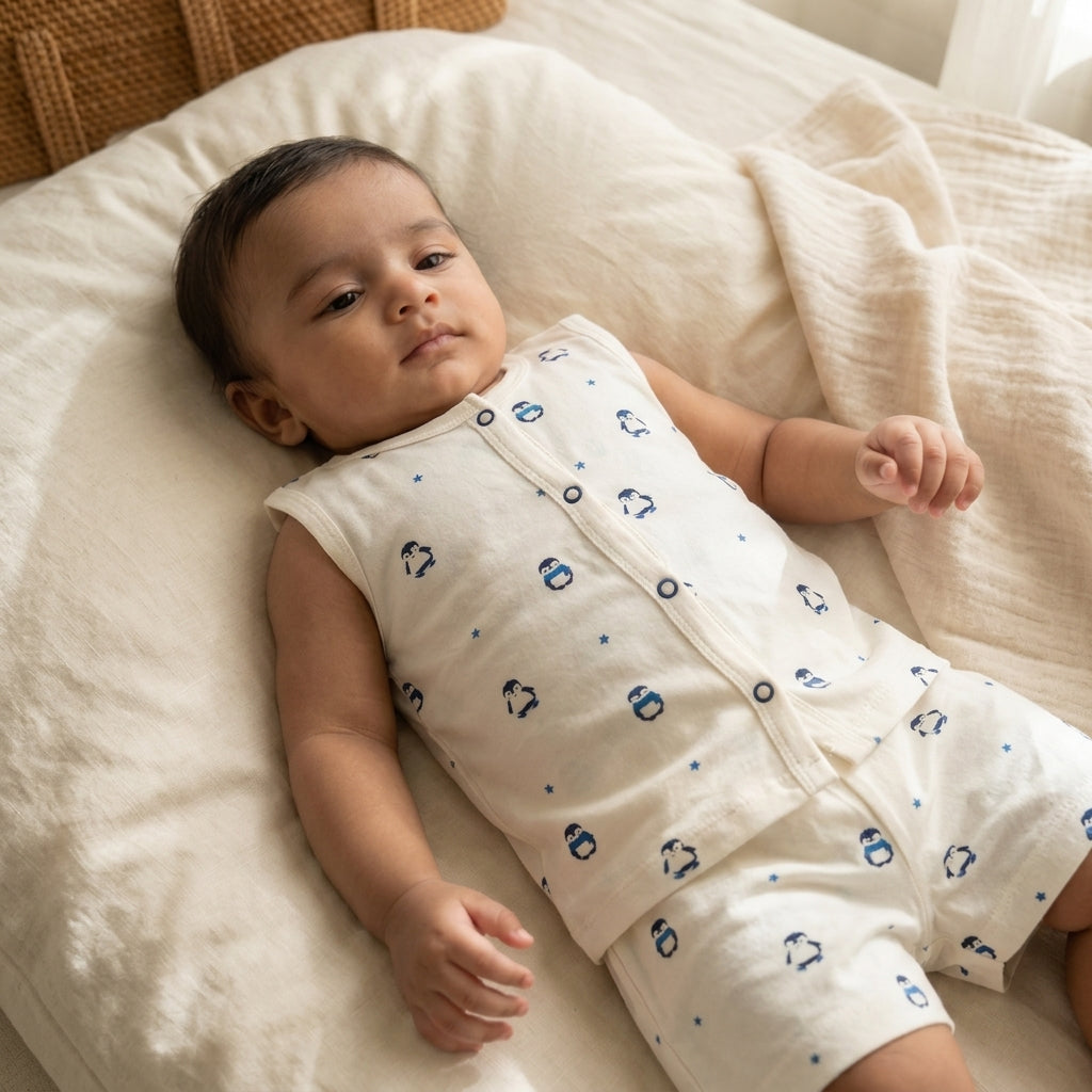A baby lying on a soft cream-colored bed, wearing a bamboo jabla and shorts set with a small blue penguin pattern.