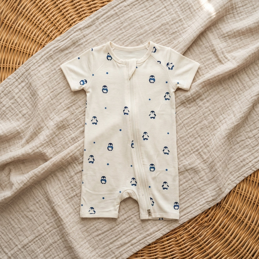 A baby short-sleeve bamboo romper in off-white with a blue penguin print, laid flat on a textured beige muslin cloth over a woven wicker surface.