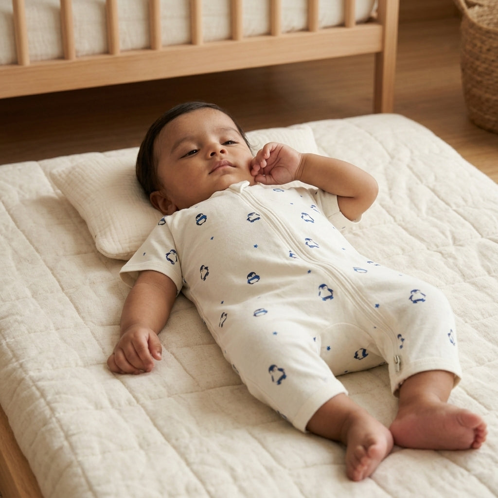 A baby lying on a quilted cream mattress in a nursery, wearing a short-sleeve cream zip-up bamboo romper with small blue penguin prints.