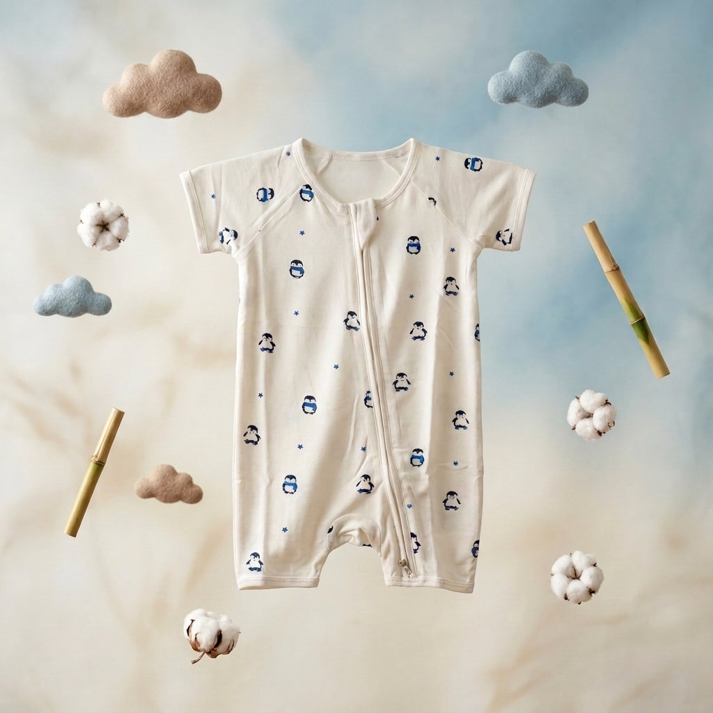 A baby bamboo romper in cream with a blue penguin pattern, displayed in a styled flat-lay composition with cotton bolls, bamboo sticks, and felt clouds against a soft sky background.