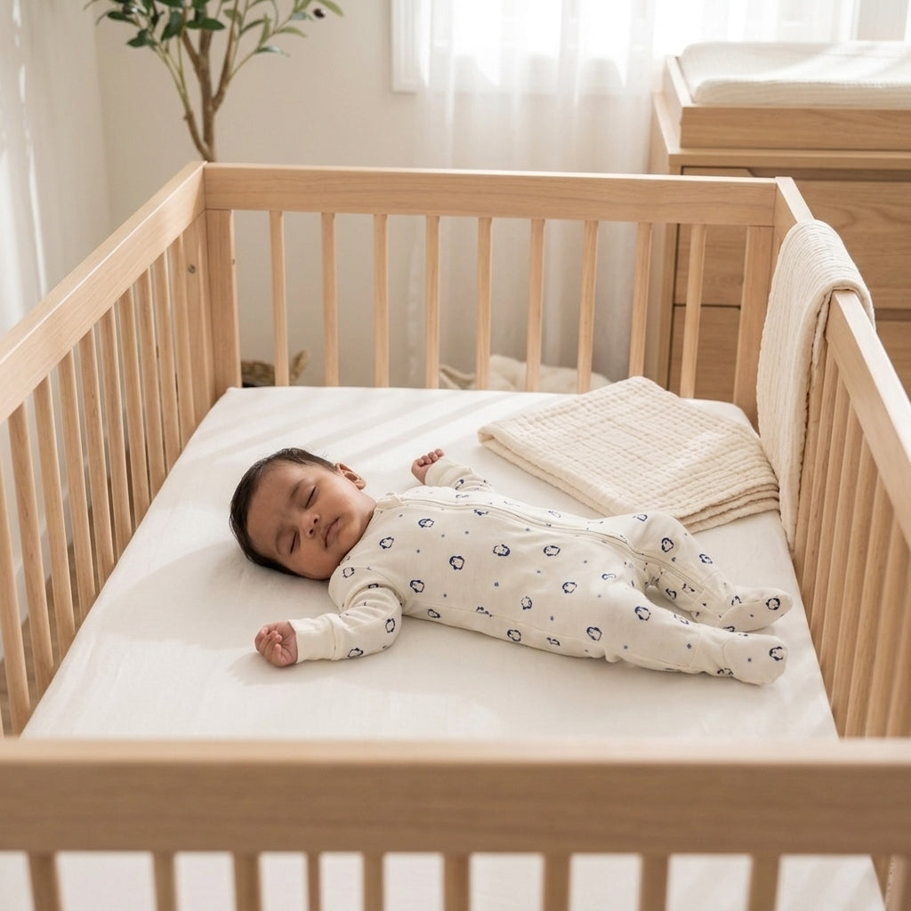 A sleeping newborn baby wearing a cream bamboo sleepsuit with small dark blue penguin patterns, lying on a white mattress inside a light natural wood crib.