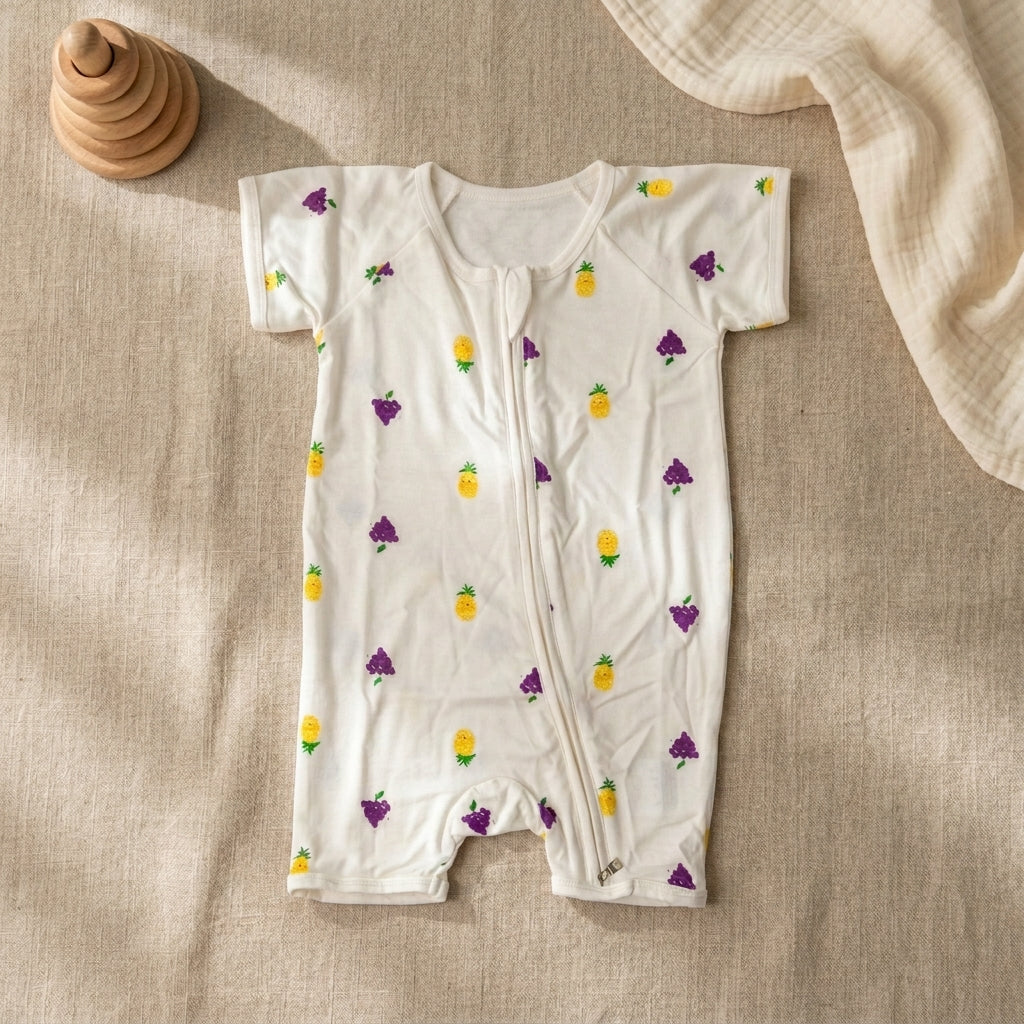 A baby short-sleeve bamboo romper in white, featuring a pattern of yellow pineapples and purple grapes with green leaves, laid flat on a beige linen background with a wooden toy and a muslin cloth.